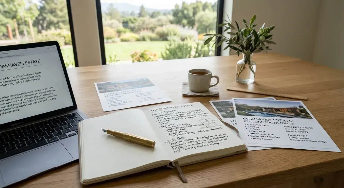 Editorial writing workspace with listing notes, property photos, and draft copy revisions