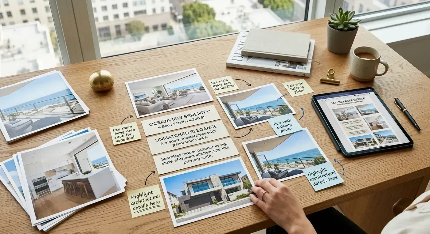 Editorial scene showing property photos and listing copy lined up into one campaign message