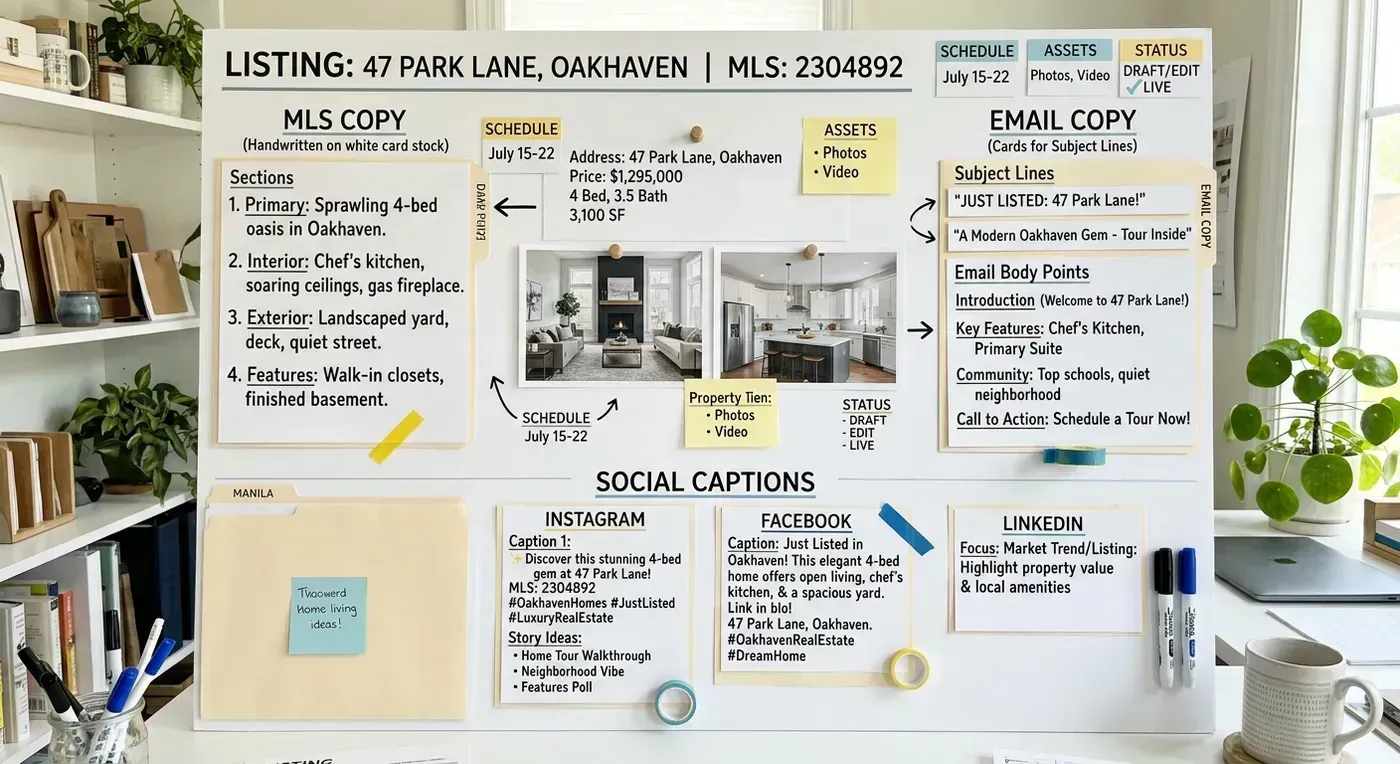 Structured editorial planning board for MLS copy, email, and social caption variants
