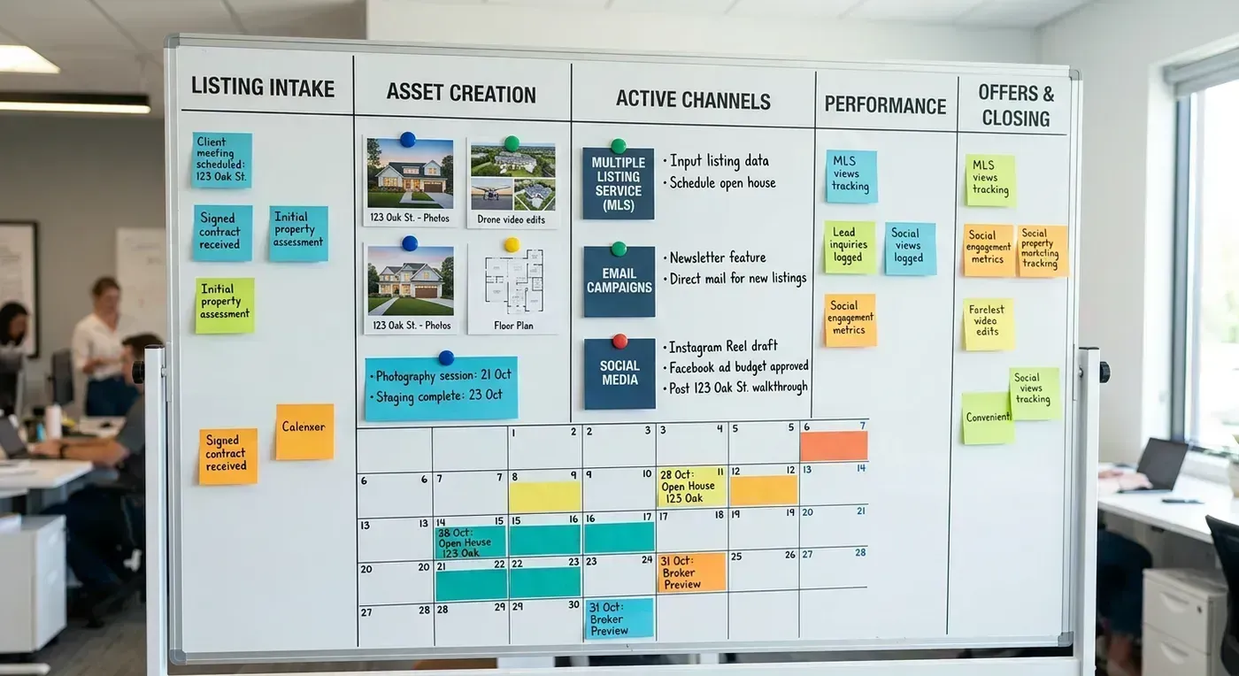 Editorial workspace showing a real estate marketing stack planning board