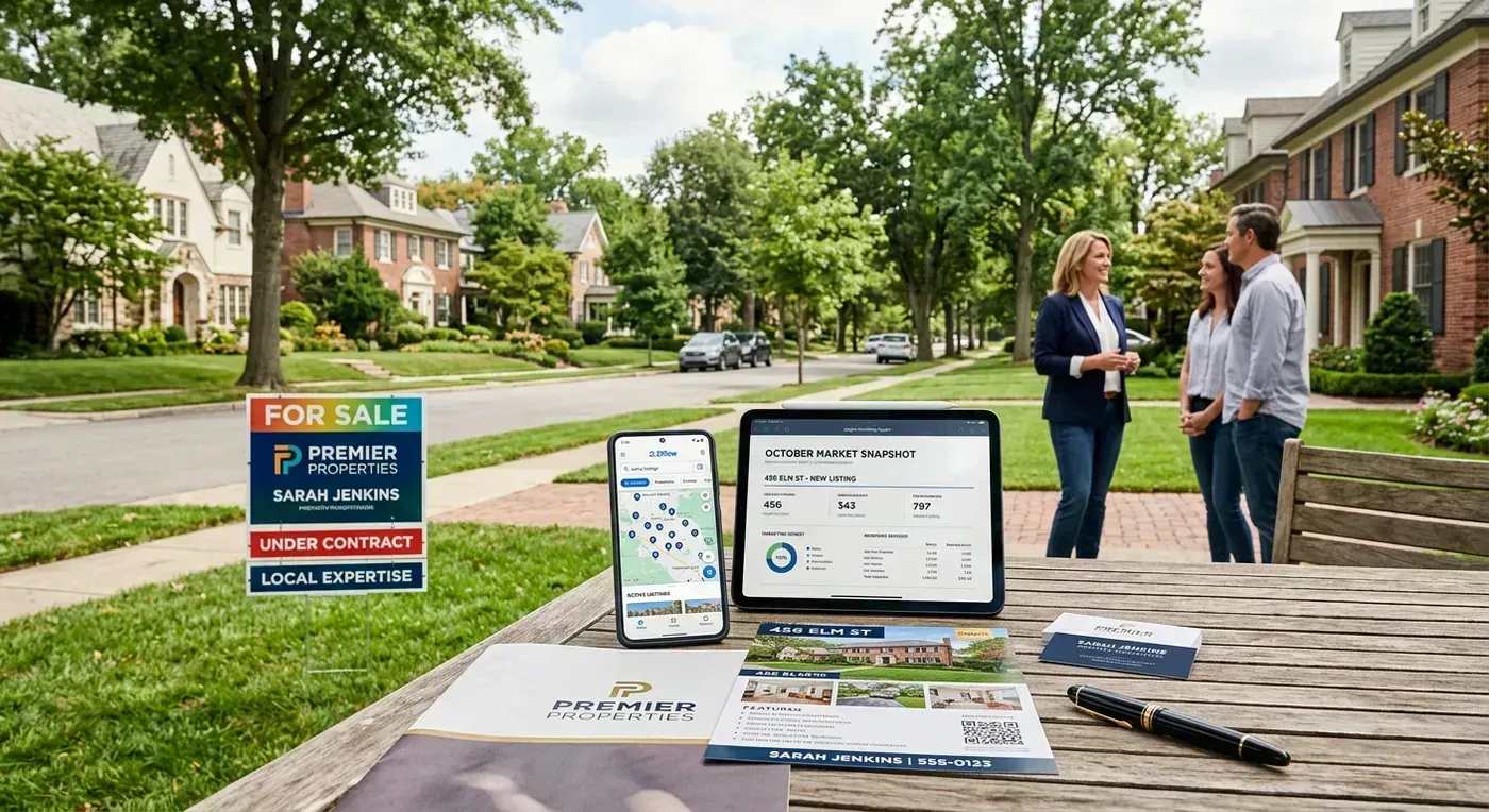 Editorial scene with listing photos, laptop, phone, and task cards arranged into a weekly workflow