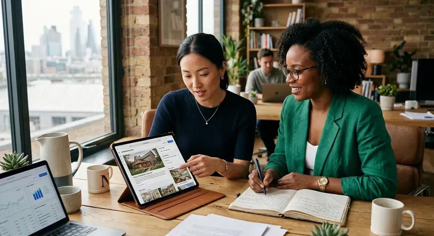 Team collaboration scene around a real estate marketing review board