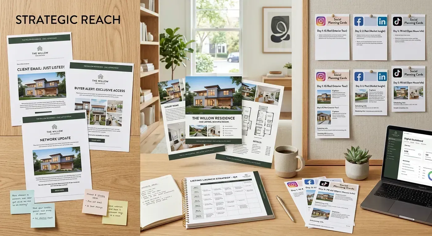Editorial marketing planning scene with listing assets mapped across multiple channels