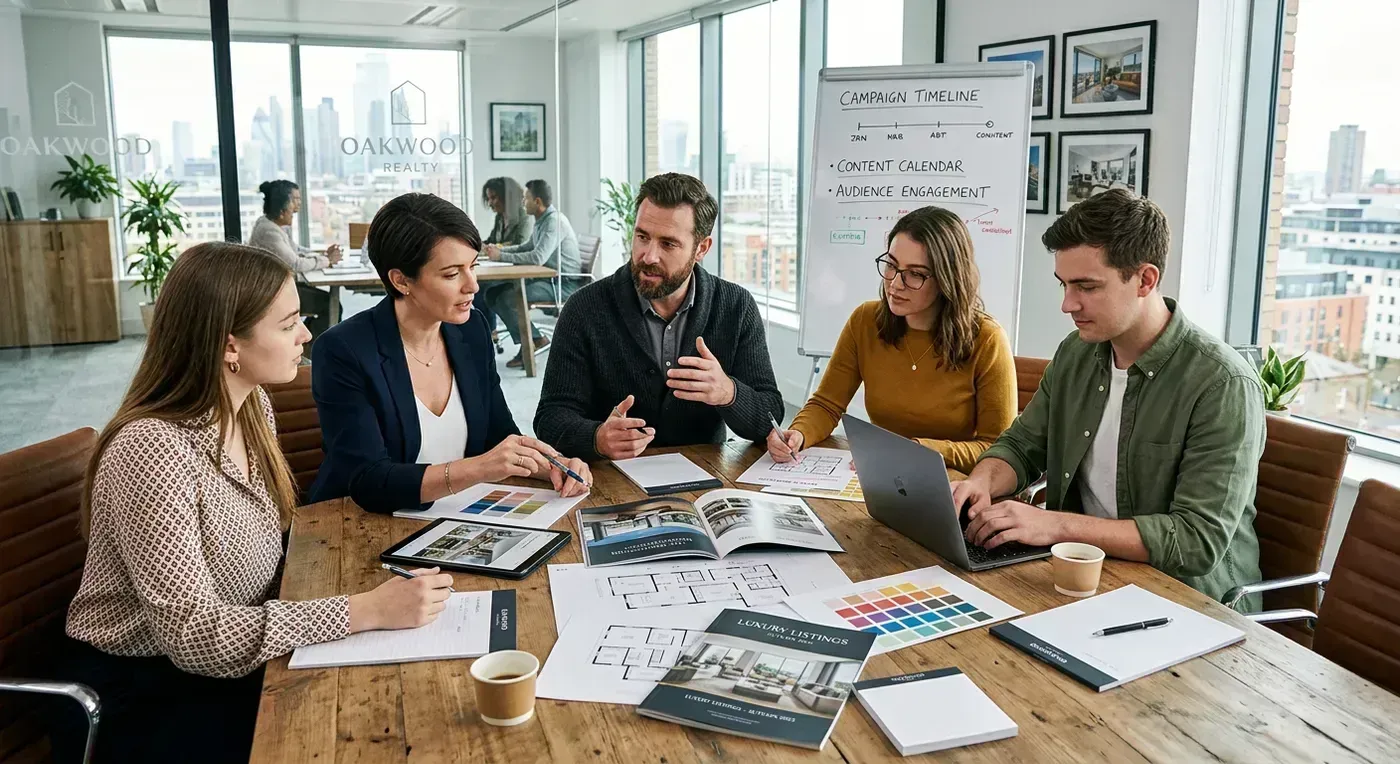 Team collaboration editorial scene reviewing a standardized real estate marketing system