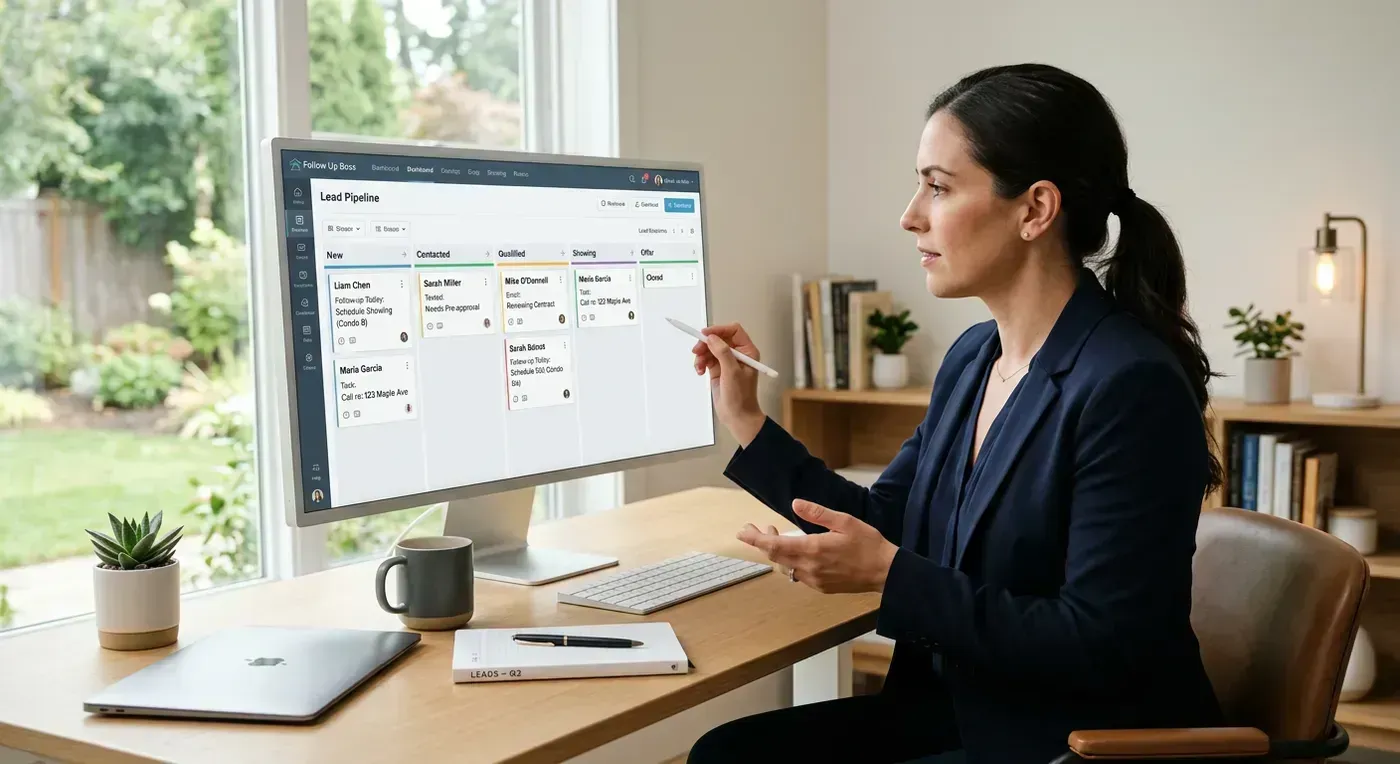 Editorial image of a real estate lead pipeline in action with an agent reviewing organized follow-ups