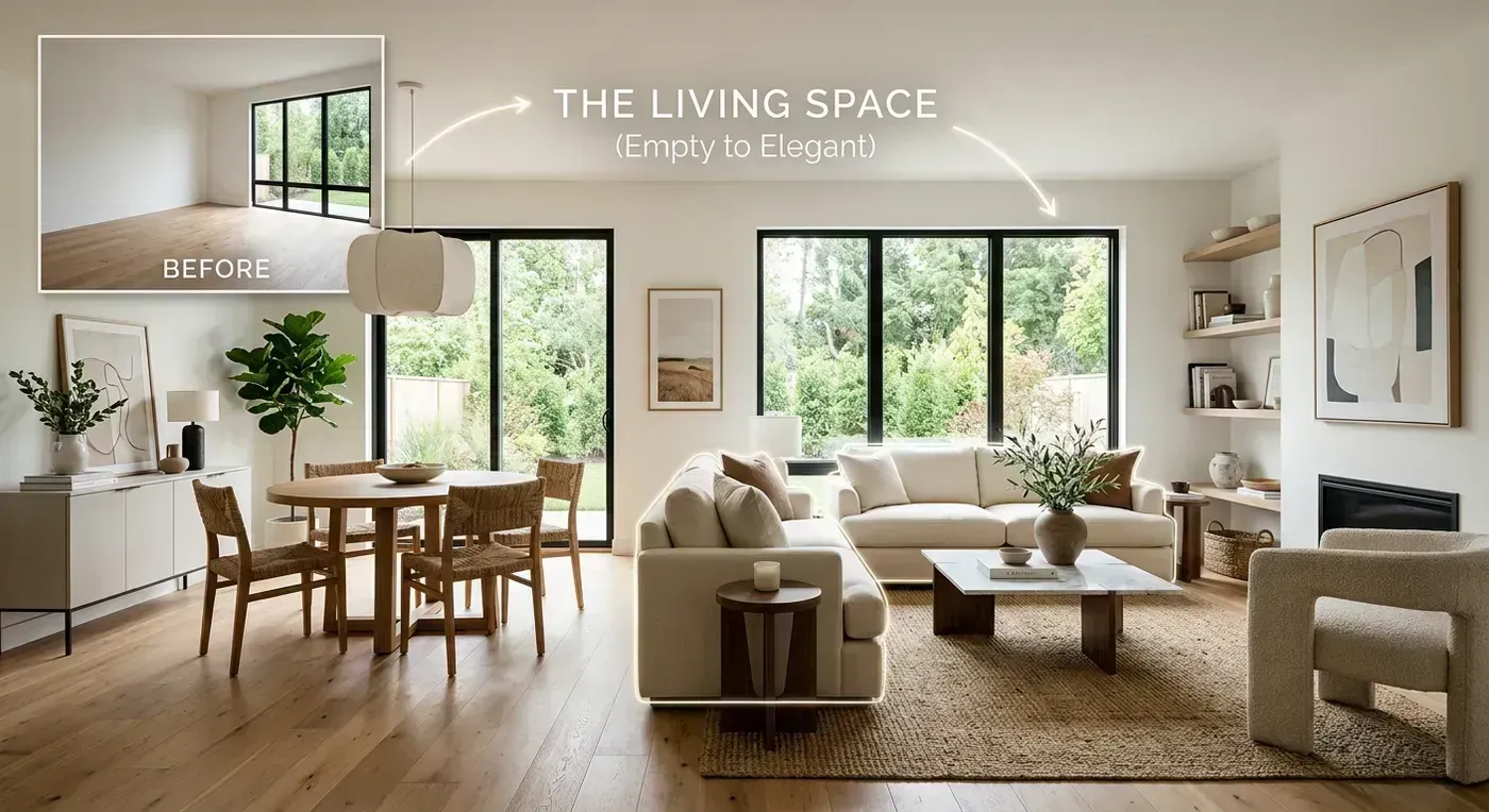 Bright editorial image of a staged room concept for real estate marketing