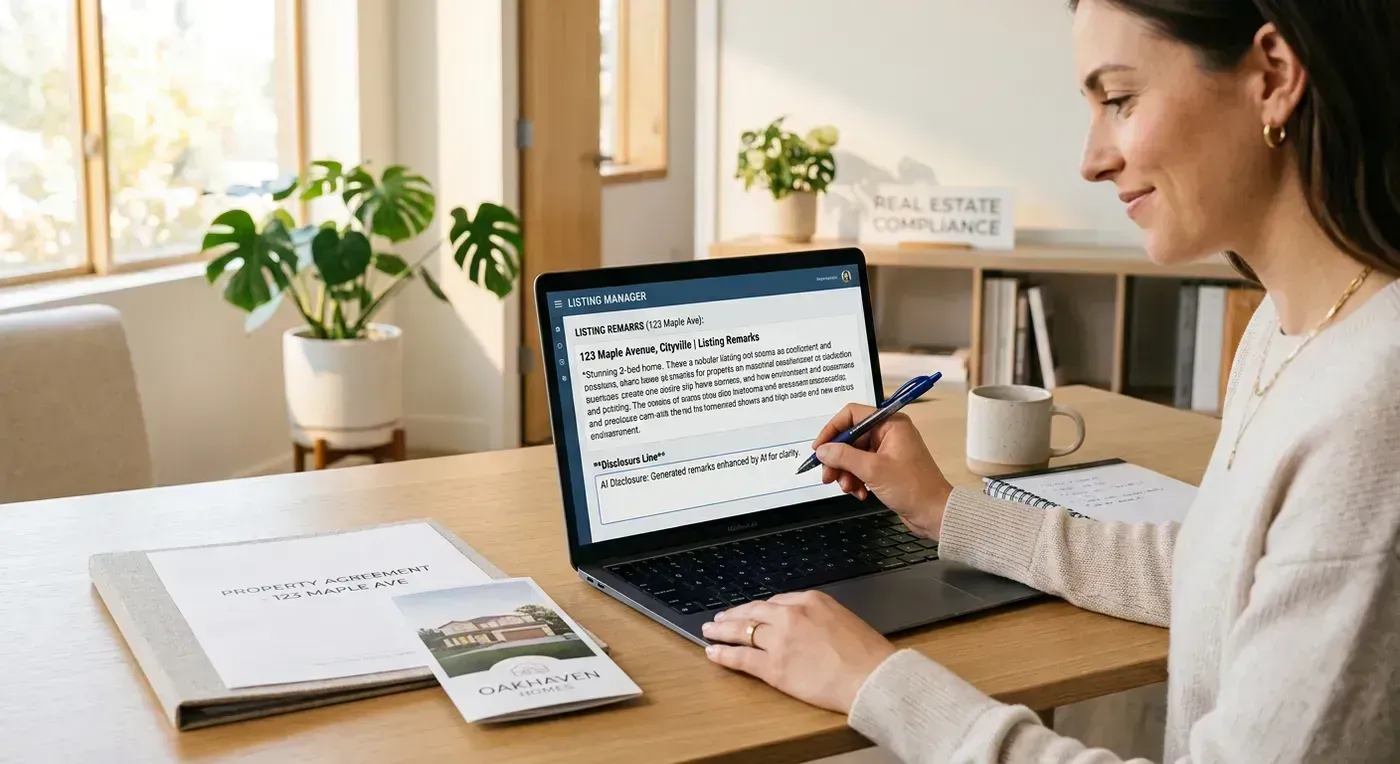 Real estate compliance documents and laptop showing legal guidelines for AI disclosure