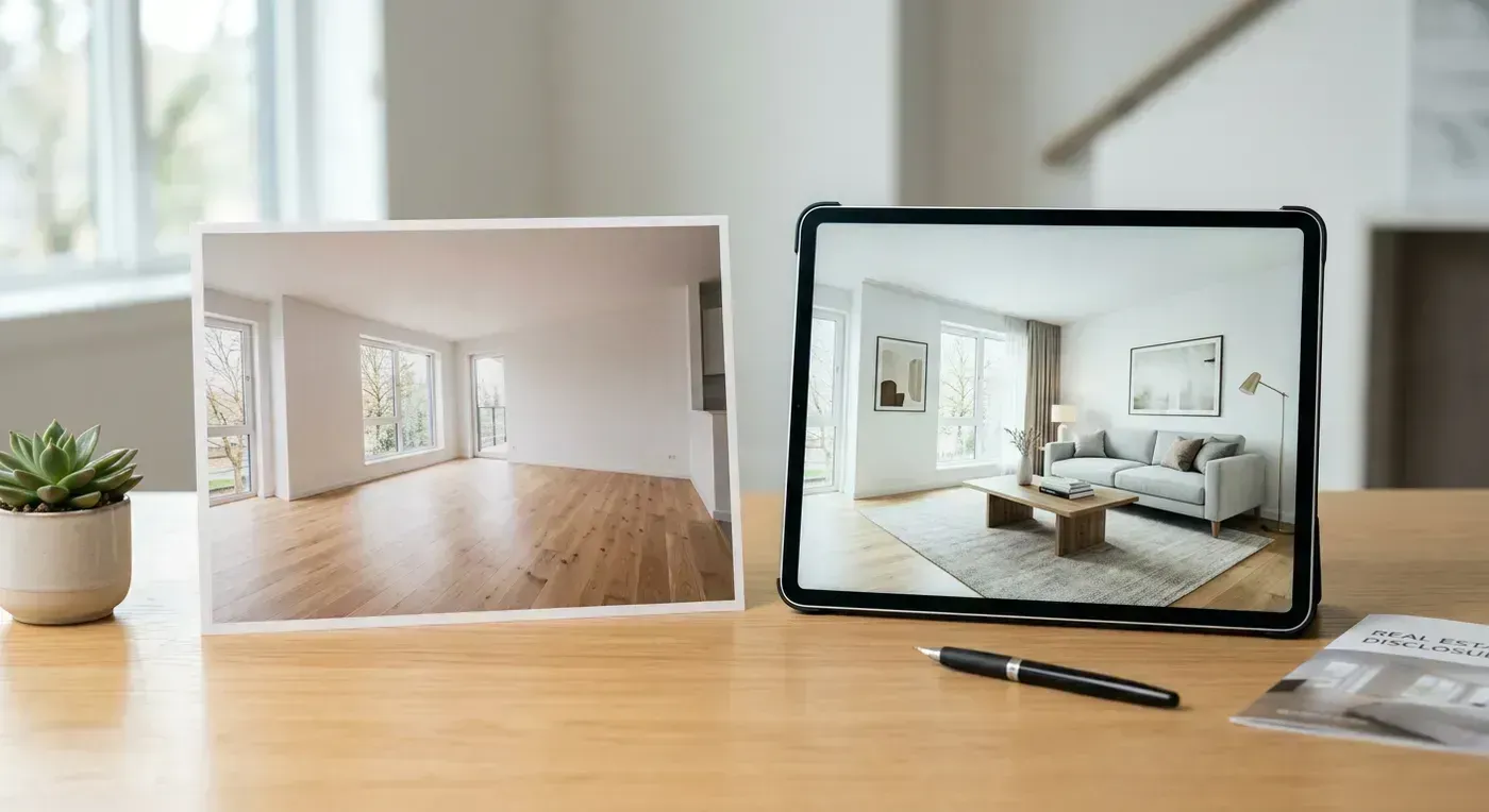 Split screen showing a vacant room and the same room with virtual staging added by AI