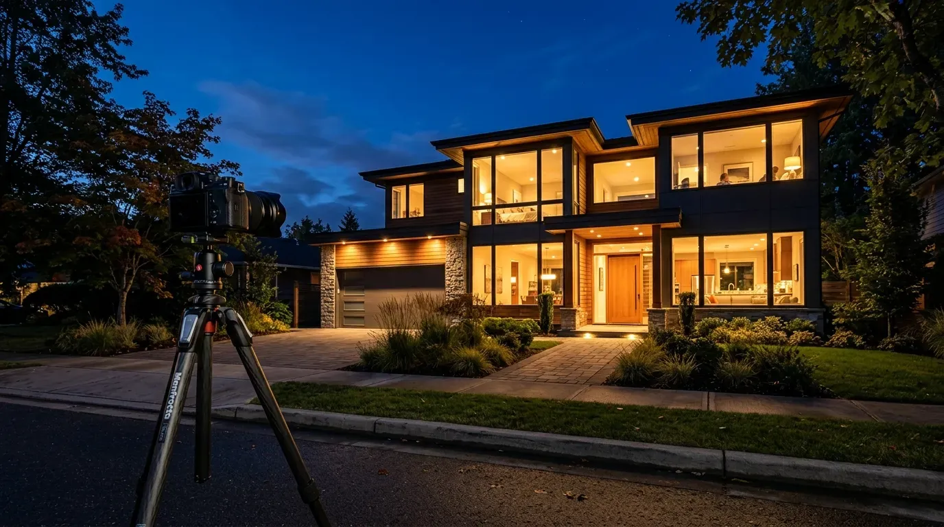 Twilight exterior shot of a modern home with professional camera setup in foreground, representing premium property video production