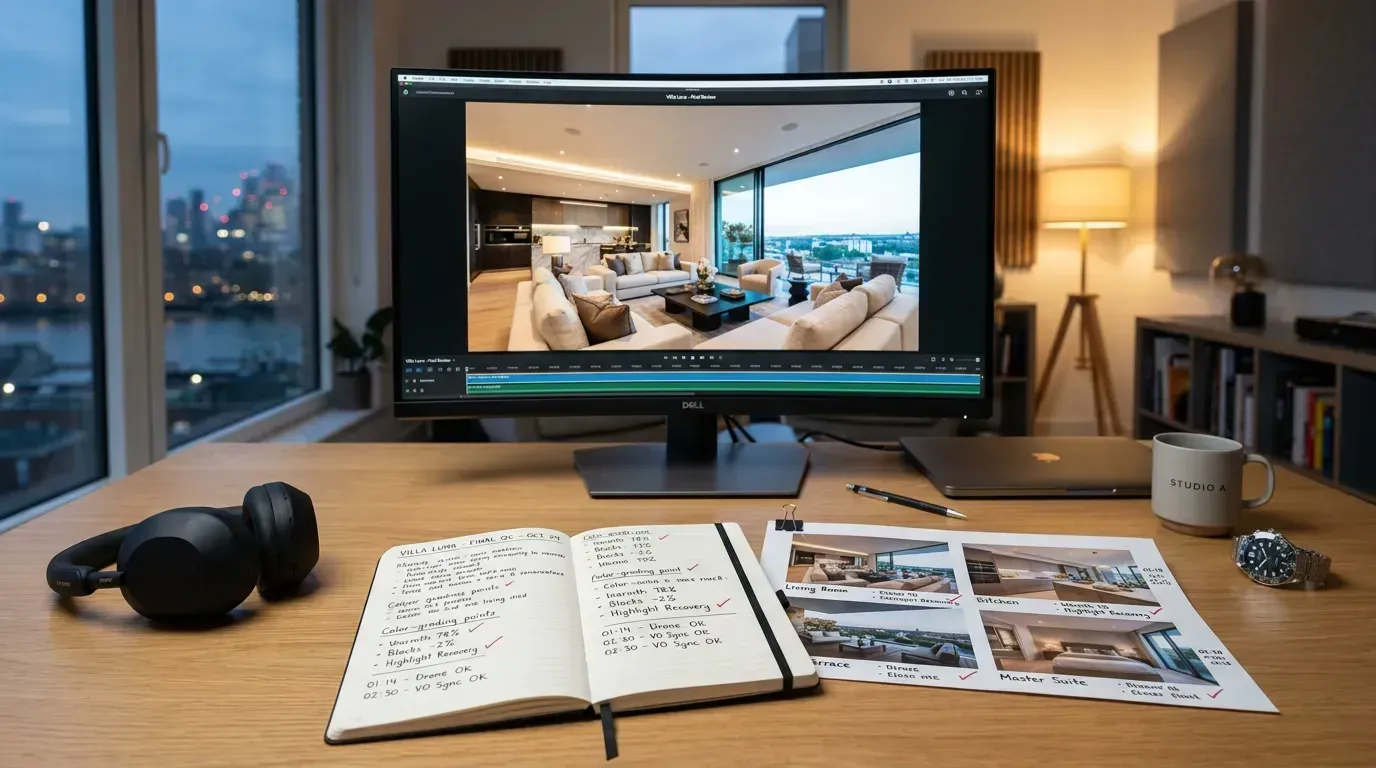 Property video quality review scene with notes, stills, and headphones