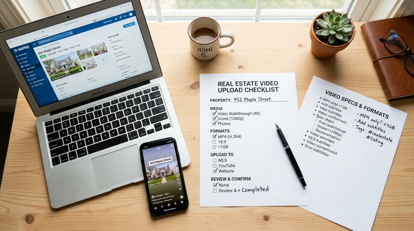 Flat lay showing MLS video preparation checklist with laptop, phone, and spec notes
