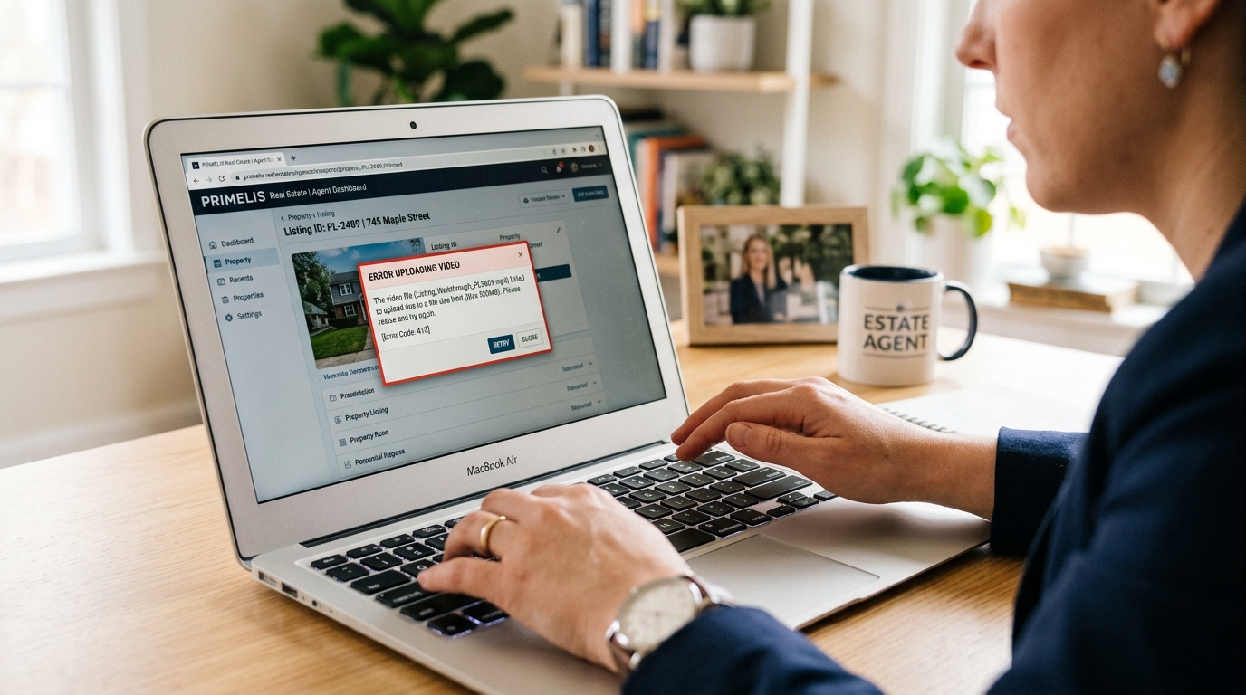 Close-up of a computer screen showing a file upload error during MLS video submission
