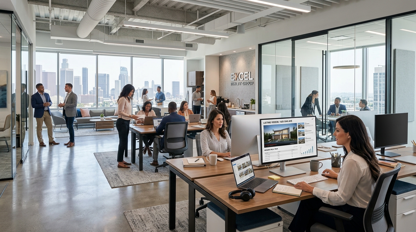 Wide shot of a modern real estate brokerage with agents working at desks with monitors showing property listings