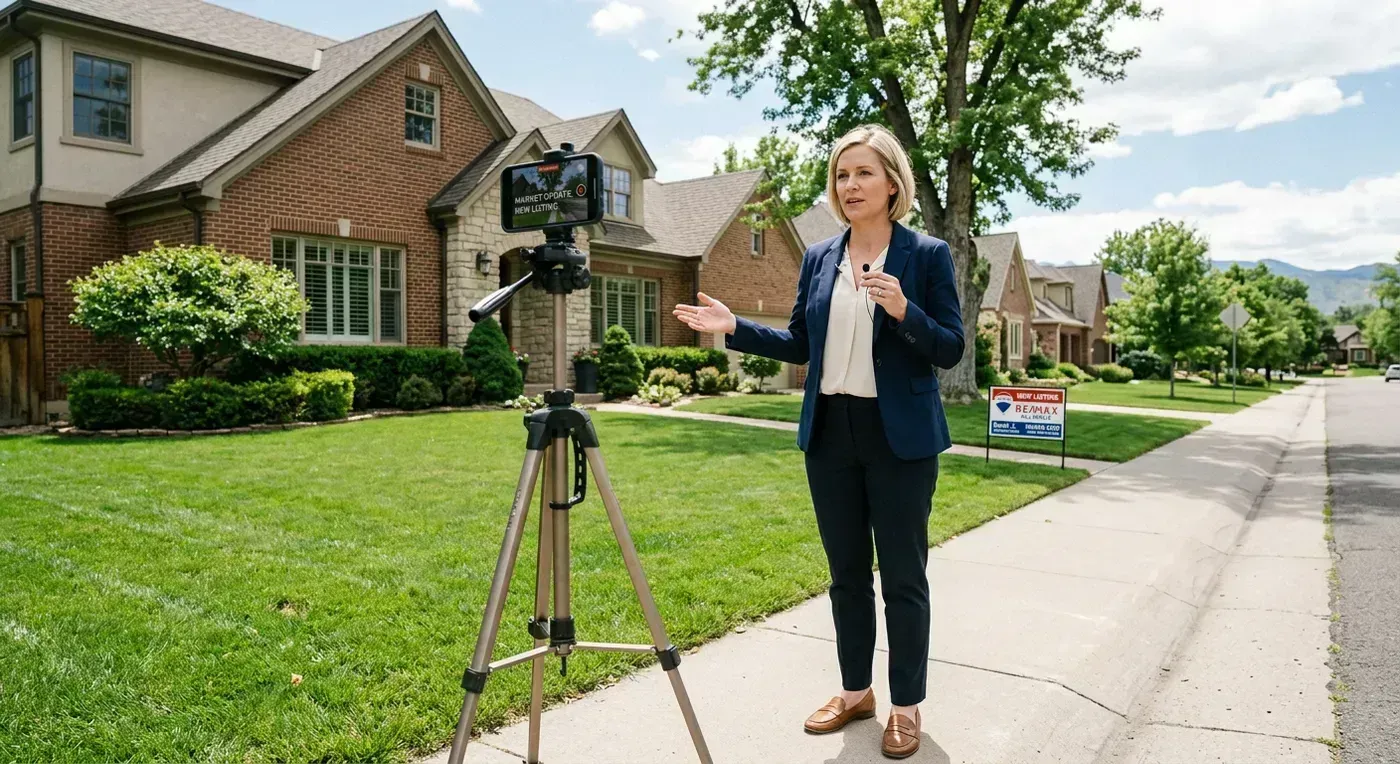 Agent recording a market update video outside a listing to attract clients