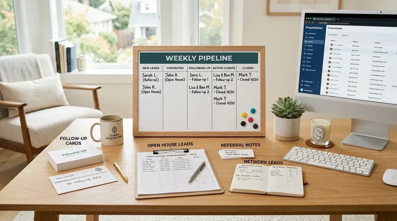 Real estate client acquisition system with leads, referrals, and follow-up notes