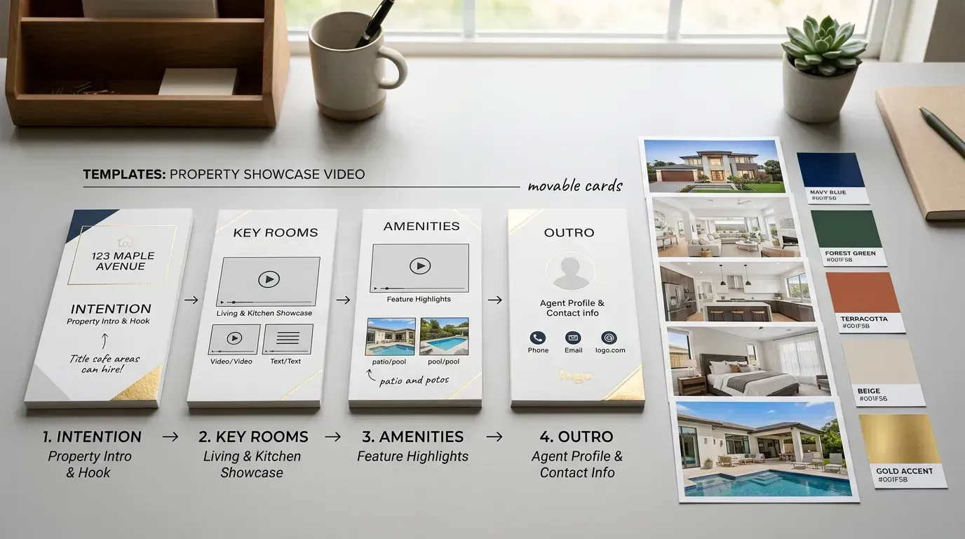 Template-based real estate video planning scene with movable layout cards and listing photos