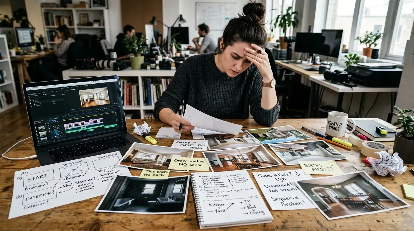 Chaotic stack of mismatched listing photos and planning notes that make a video feel disjointed