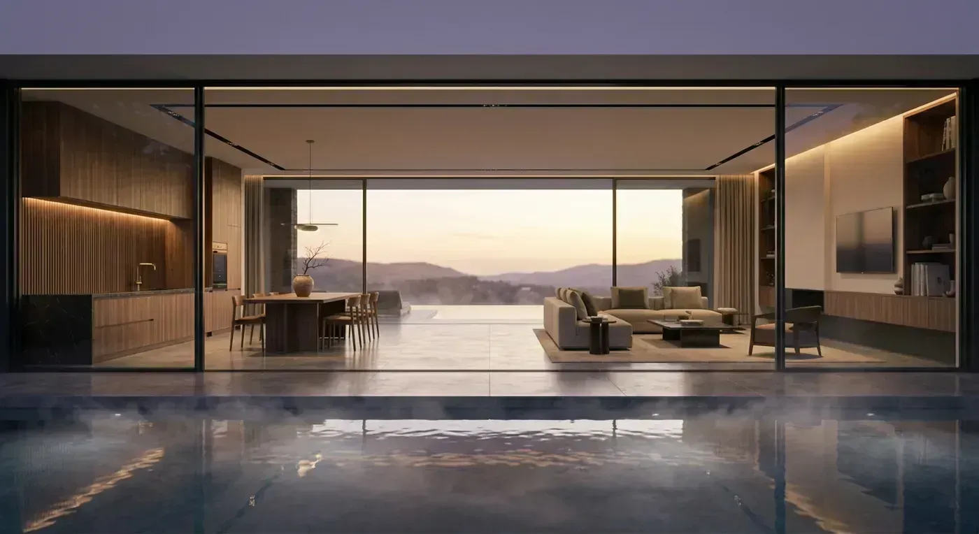 Luxury modern home at twilight with warm interior lighting glowing through floor-to-ceiling windows and a reflecting pool in the foreground