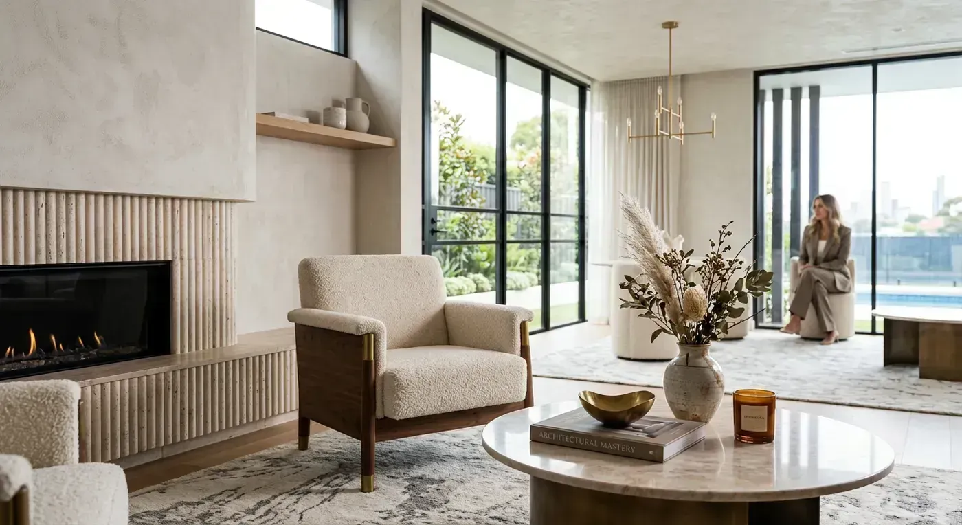 Videographer using a gimbal stabilizer to film a luxury home interior with warm natural light streaming through large windows