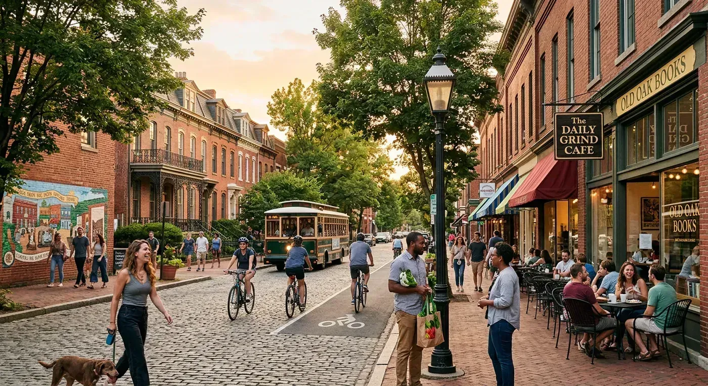 Charming neighborhood street with tree-lined sidewalks, local shops, and people walking during golden hour
