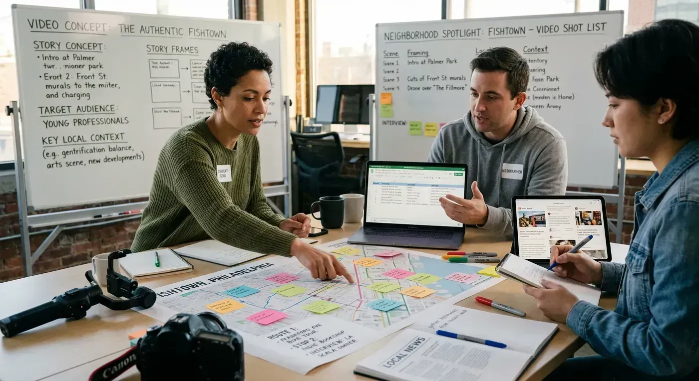 Real estate agent filming a neighborhood park with families and a walking trail on a sunny afternoon