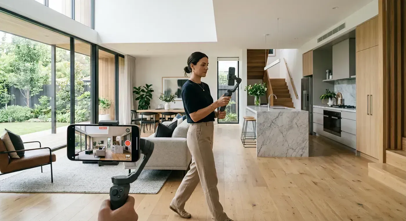 Real estate agent holding a smartphone at chest height filming a property tour in a bright, modern kitchen