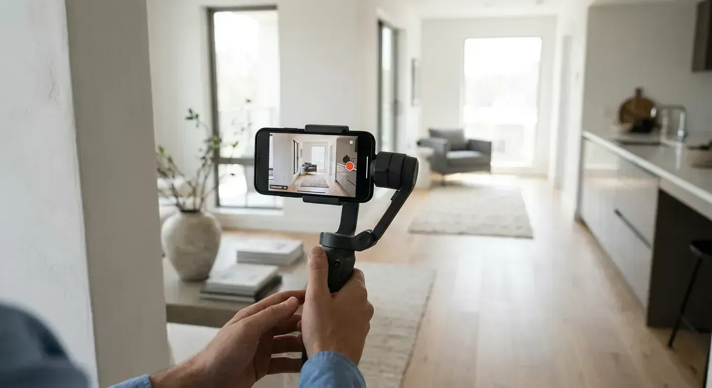 Smartphone mounted on a gimbal stabilizer alongside budget-friendly filming accessories for real estate video