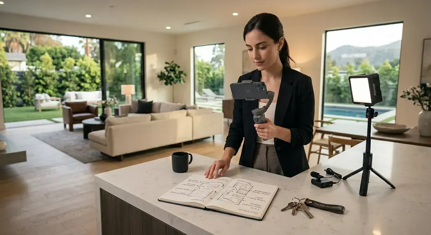Interior of a bright living room with all lights on and blinds open showing optimal lighting setup for property video