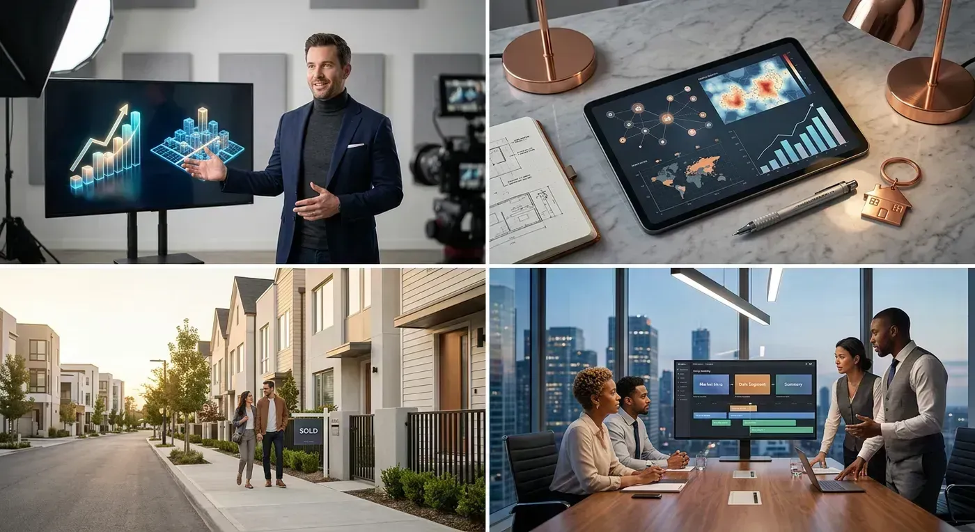Real estate agent recording a market update video at a desk with a laptop showing local housing data and charts