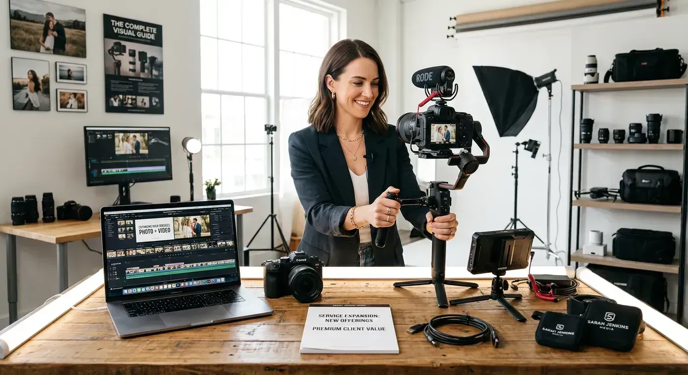 Real estate photographer reviewing listing photos on a laptop with an AI-generated video preview on a second screen