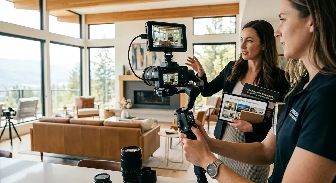 Split screen showing a photographer's editing workflow on the left and the resulting AI video preview on the right