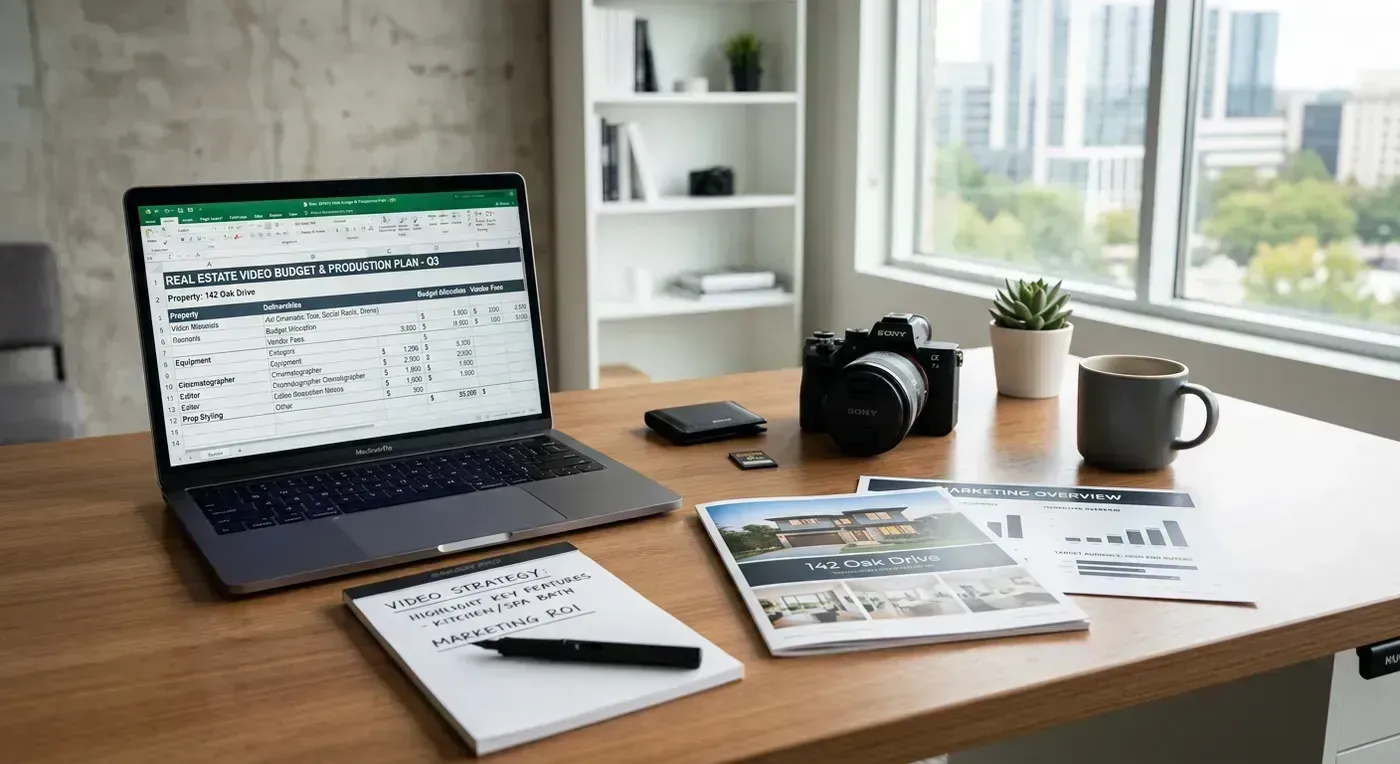 Calendar view showing a monthly content plan with video types, platforms, and time estimates for each week