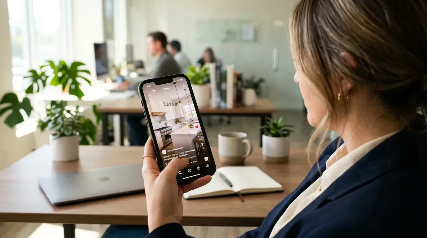 Real estate agent scrolling through Instagram Reels on smartphone showing a vertical property video of a kitchen interior