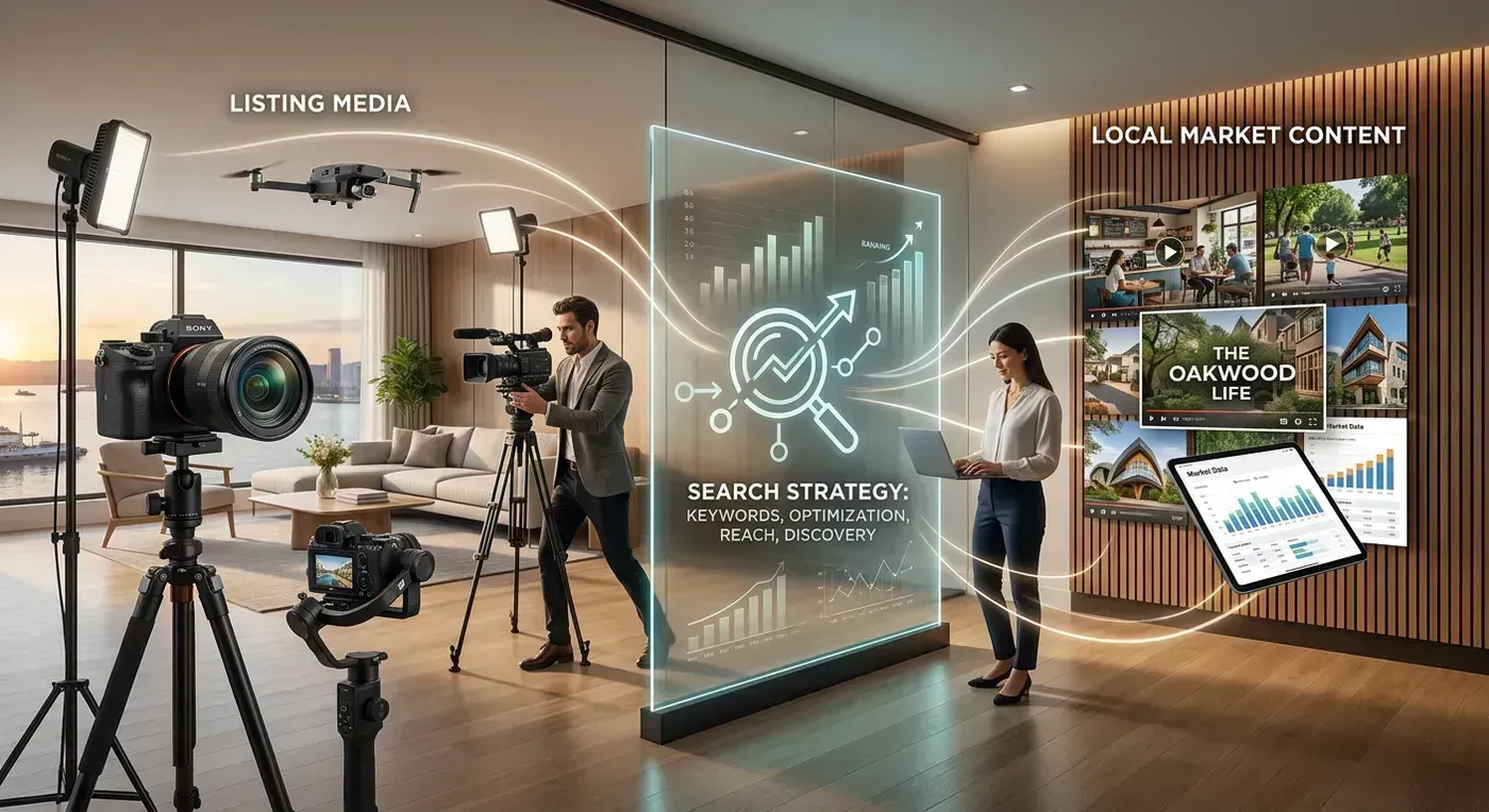 YouTube search results page showing real estate listing videos with optimized thumbnails and titles