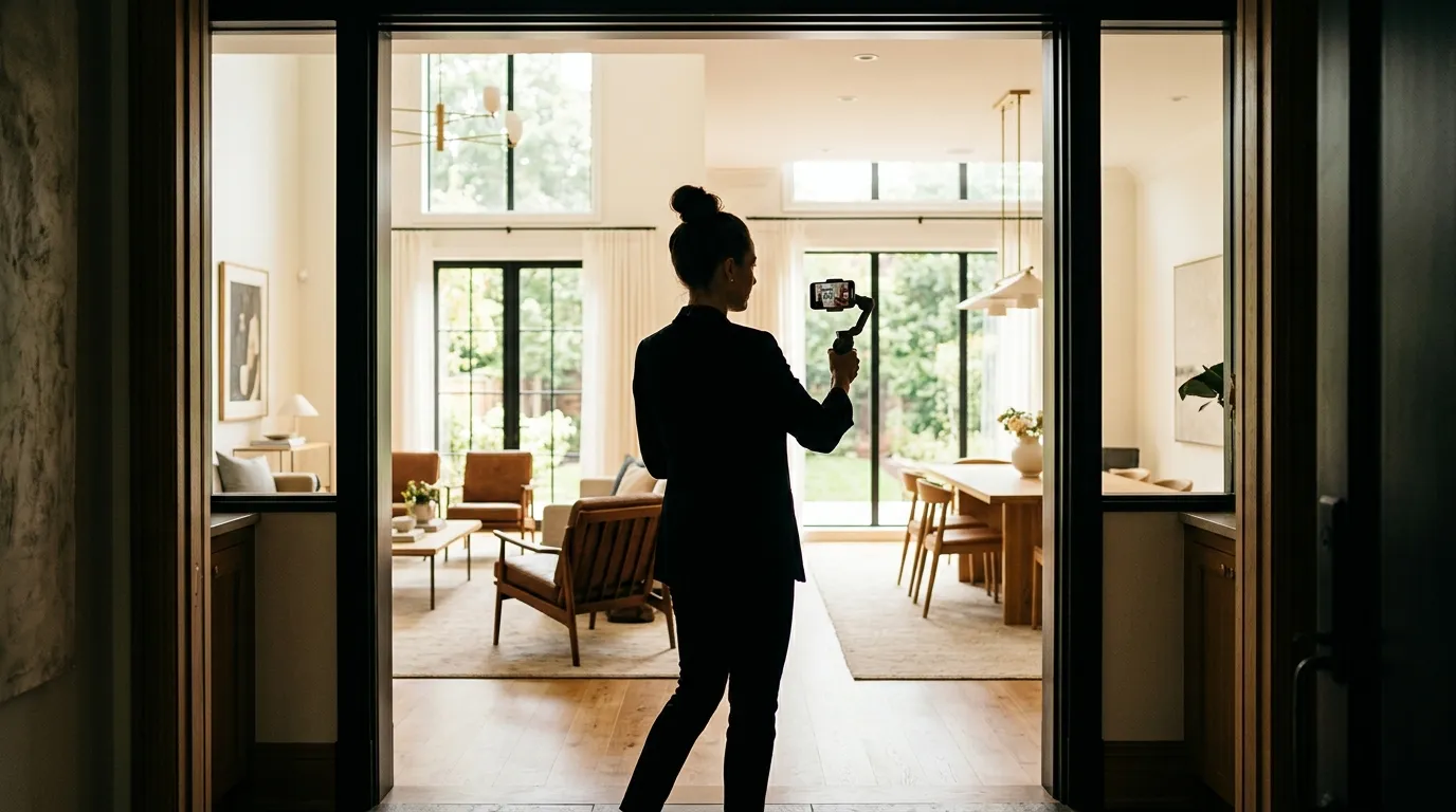 Real estate agent filming property with smartphone gimbal standing in a doorway