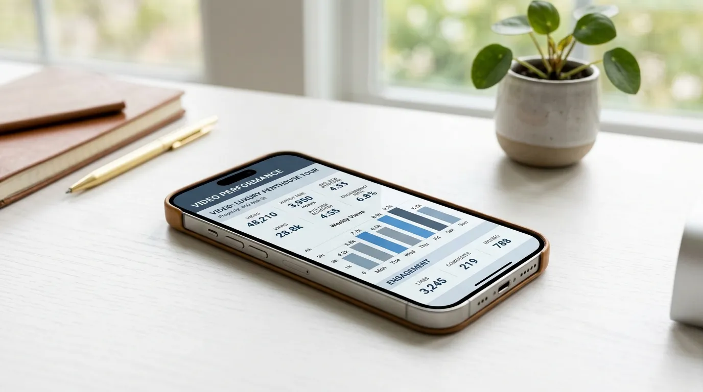 Close-up of phone screen showing video engagement metrics and analytics dashboard