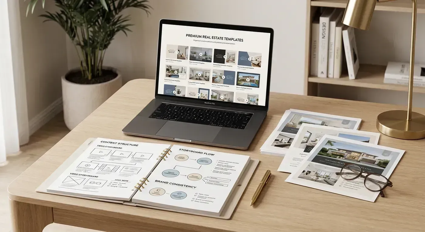 Real estate agent reviewing listing video templates on a laptop with property photos displayed on screen