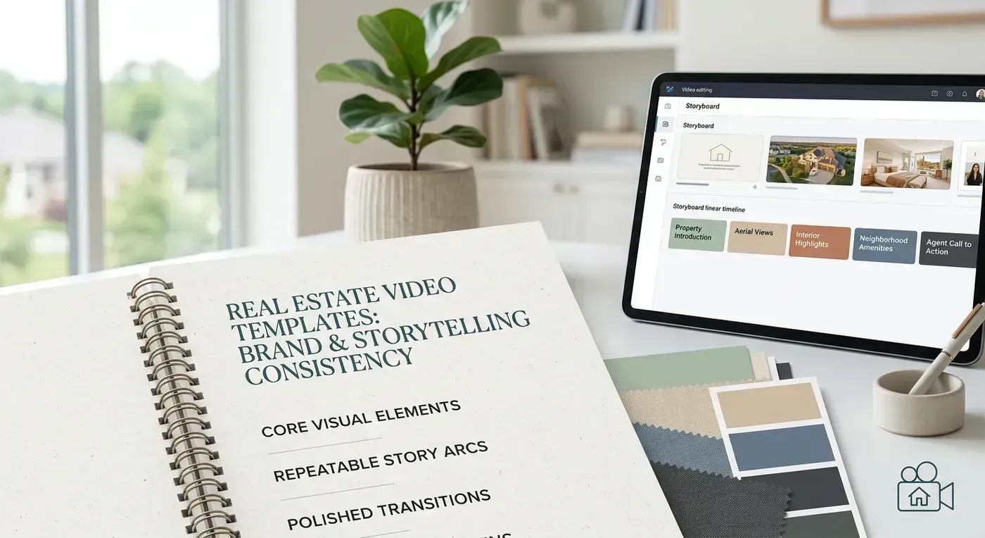 Branded listing video template showing custom logo, contact card, and brand colors integrated into the video output