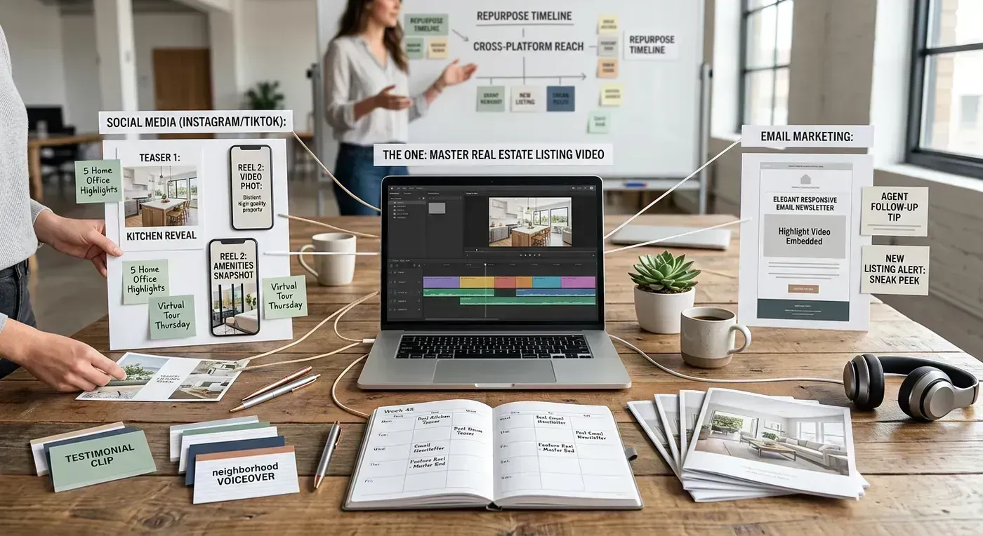 Flowchart showing one listing video branching into 10 content pieces across different platforms and formats