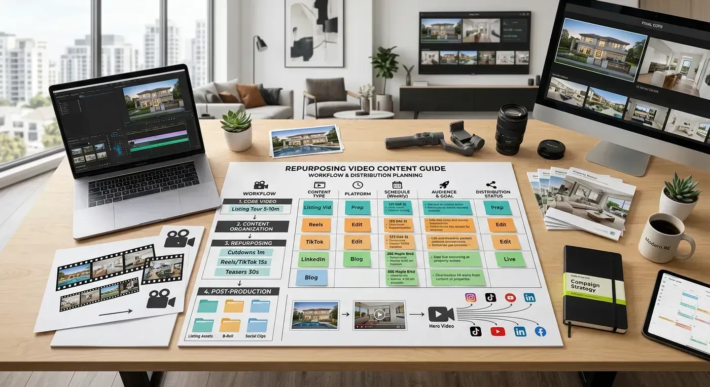 Screenshot of a video editing timeline showing a full listing video being cut into multiple shorter clips with different text overlays