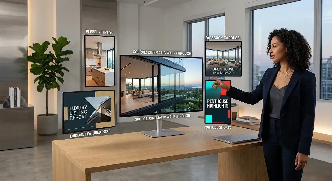 Grid layout showing 10 different content pieces derived from a single listing video across Instagram, YouTube, TikTok, Facebook, and email