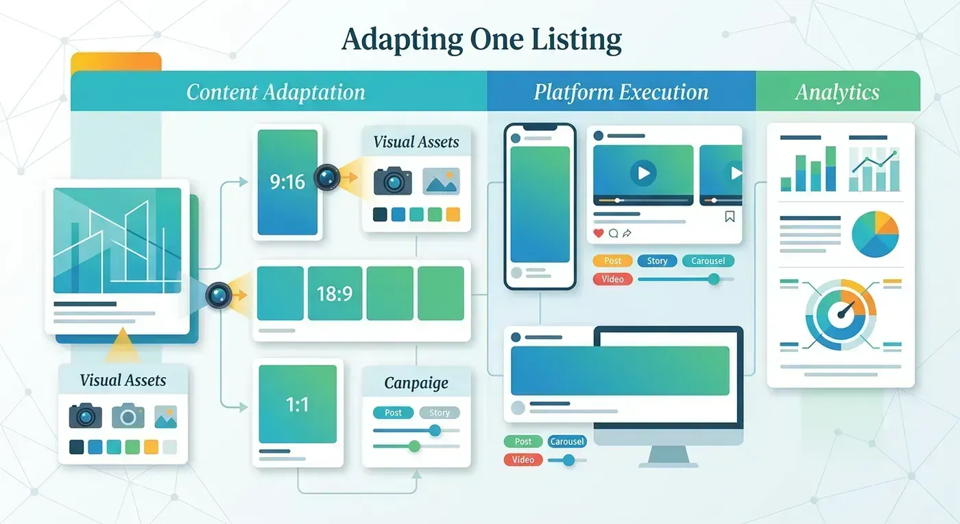 Abstract planning layout for one listing adapted across social media formats