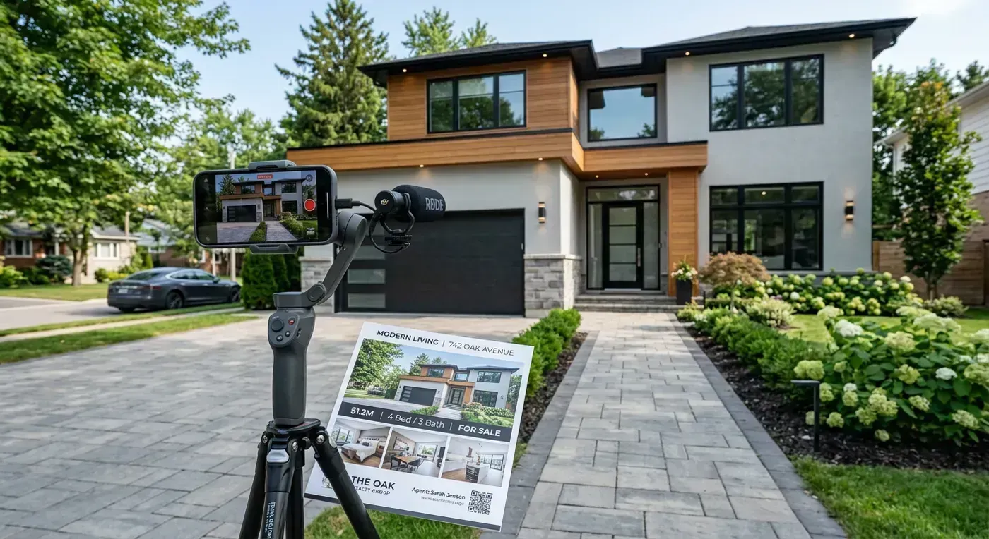 Smartphone tripod setup outside a modern home for short-form listing video