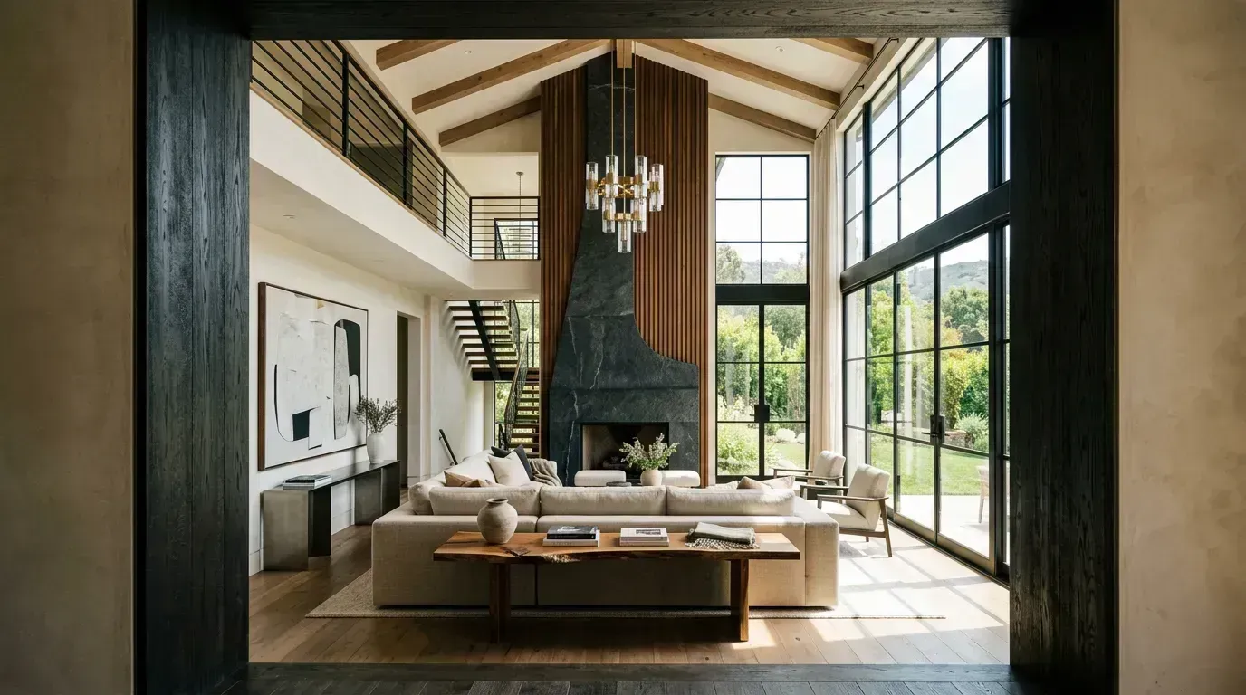 Real estate agent filming a TikTok property tour on a smartphone with a modern luxury kitchen in the background