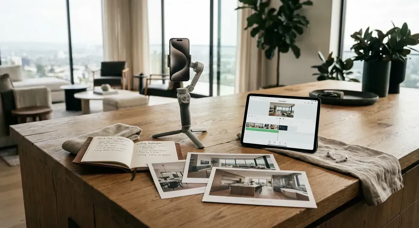 Comparison of traditional real estate videography crew versus AI-powered video creation from a phone